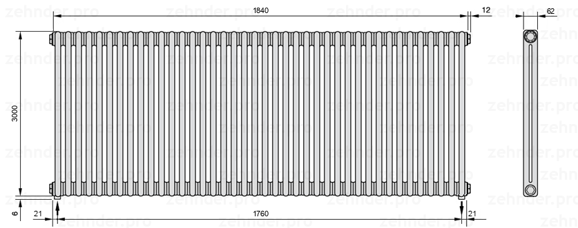 Схема (чертеж) Радиатор Zehnder Charleston 2300/40 №3570 Белый глянцевый RAL 9016